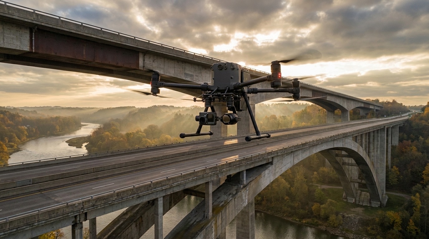 Survey drone inspecting a concrete arch bridge over a river valley